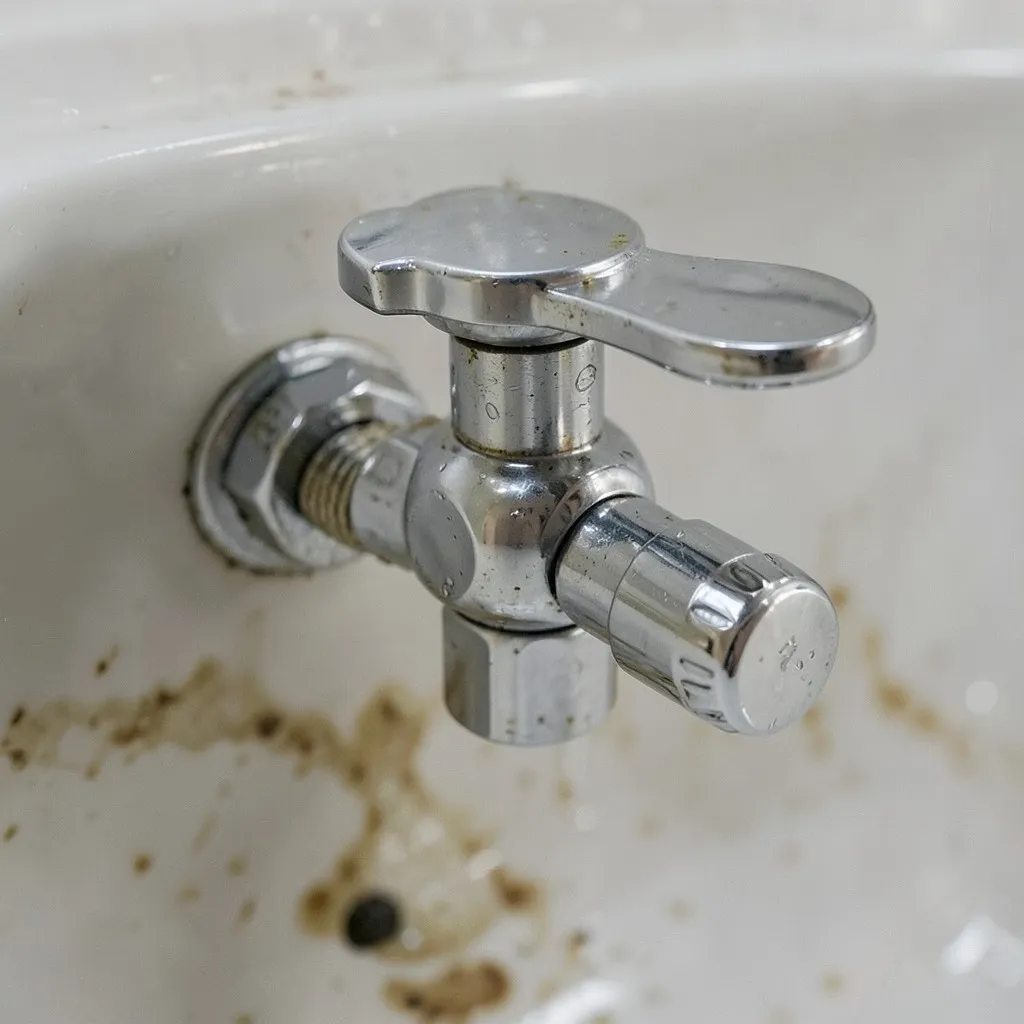 Reference photograph: Angle Stop (A small shutoff valve under sinks and behind toilets that isolates a single fixt).