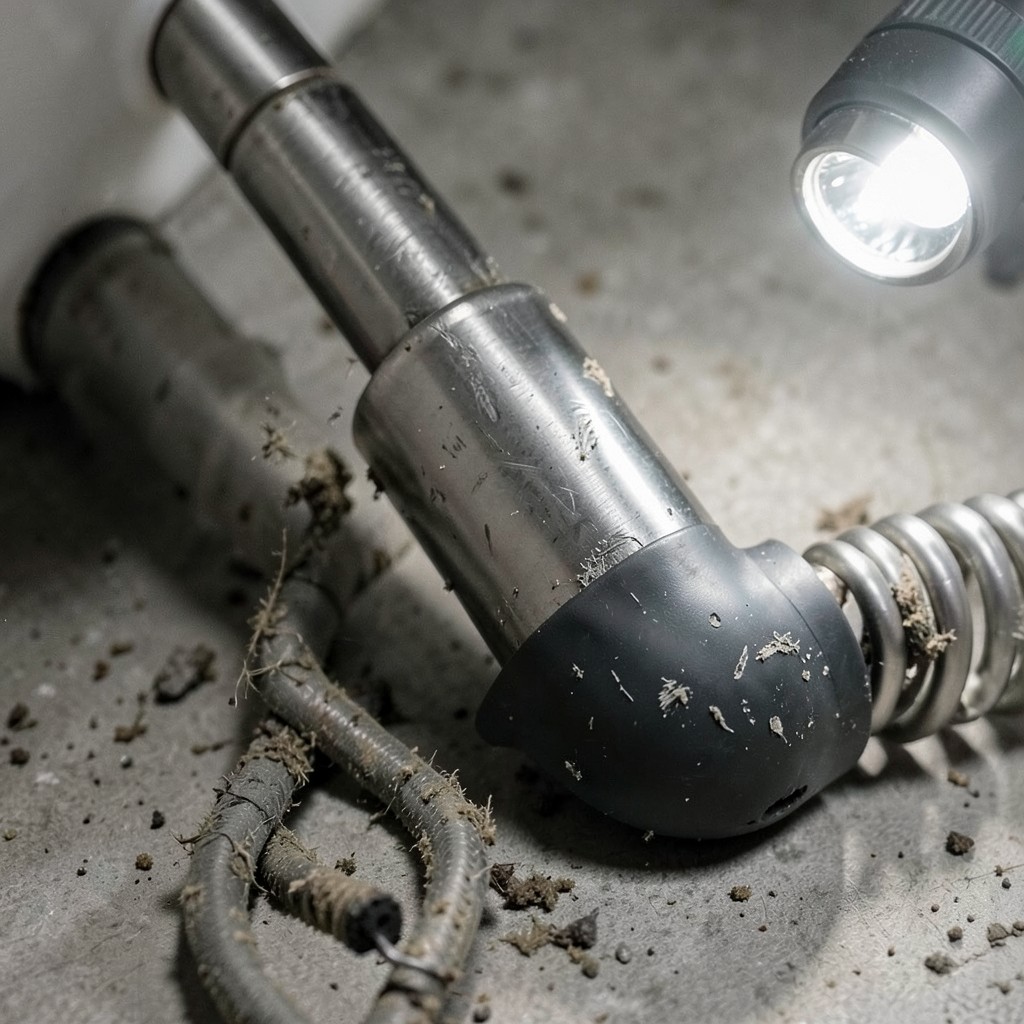 Reference photograph: Closet Auger (A specialized drain snake designed specifically for toilets, with a protective s).