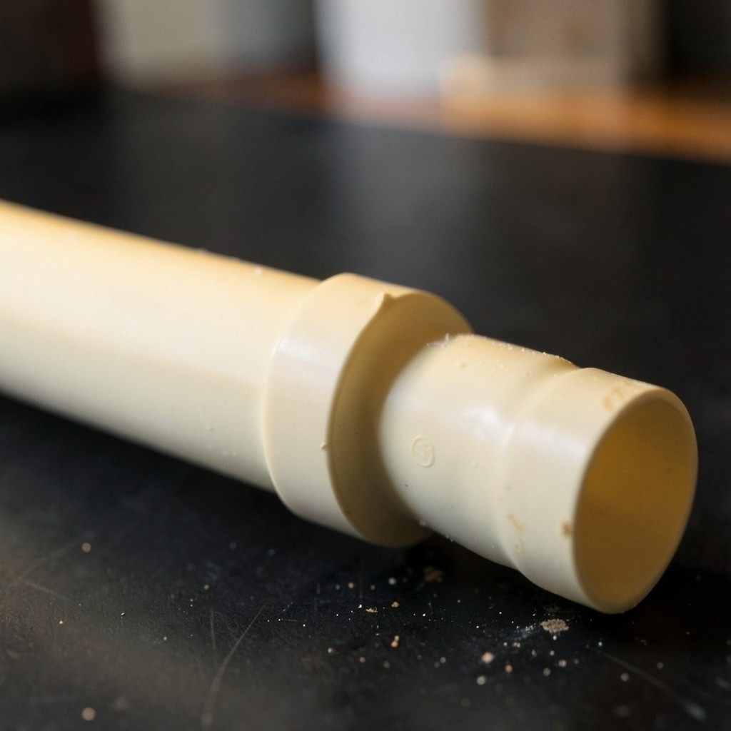 Reference photograph: CPVC (Chlorinated Polyvinyl Chloride) (Cream-tan rigid plastic pipe rated for hot and cold potable water; brittle in co).