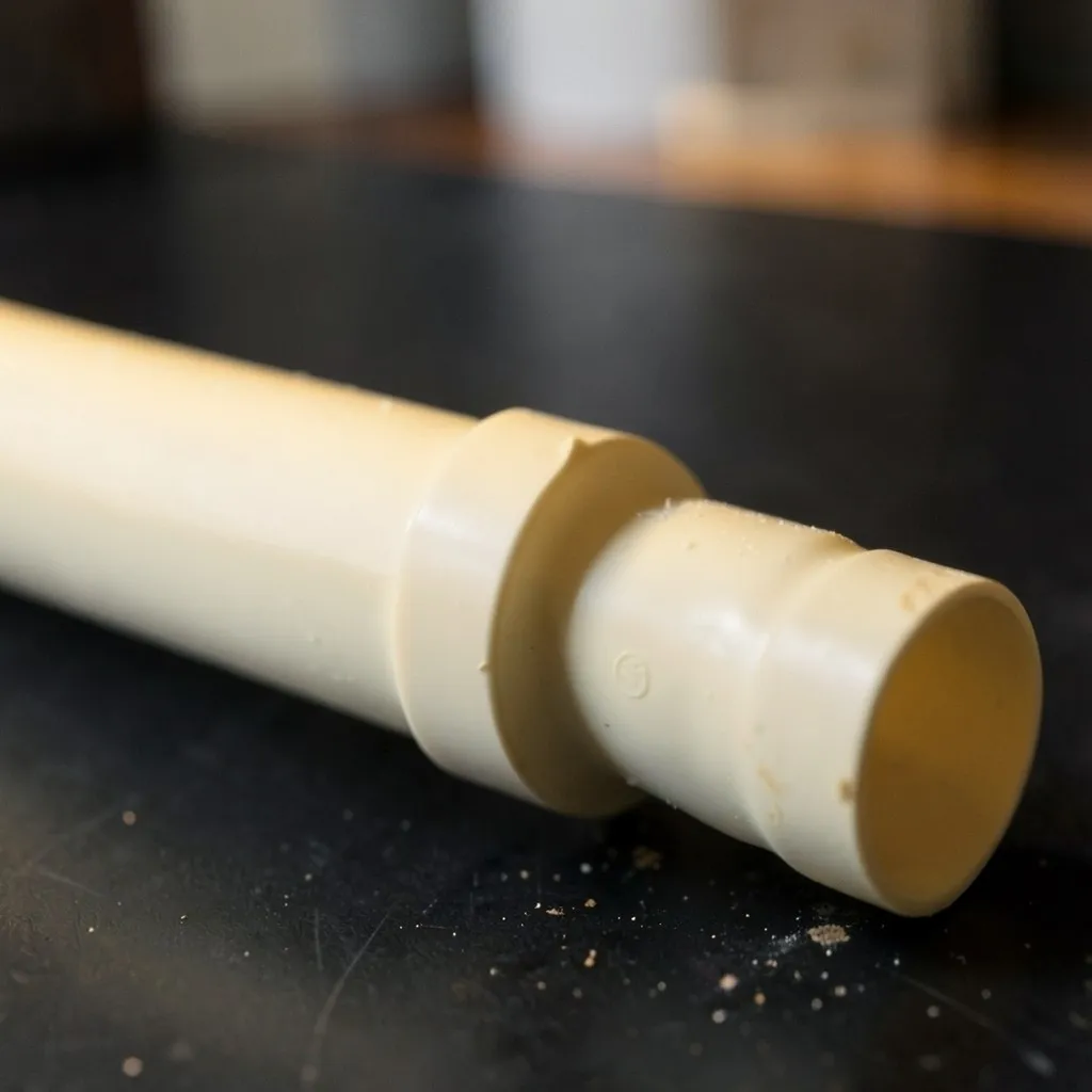 Reference photograph: CPVC (Chlorinated Polyvinyl Chloride) (Cream-tan rigid plastic pipe rated for hot and cold potable water; brittle in co).