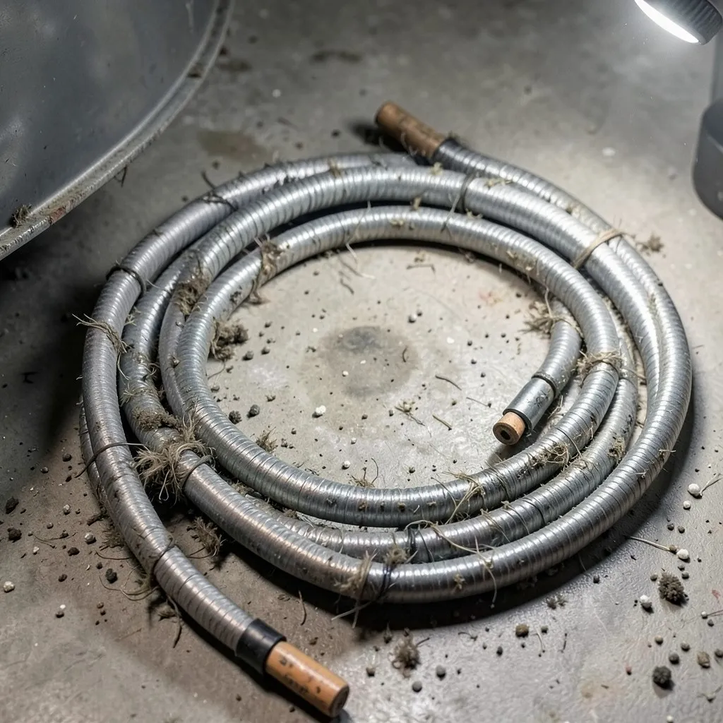 Reference photograph: Drain Snake (Plumbing Auger) (A flexible metal cable with a corkscrew or blade tip used to break up or retriev).