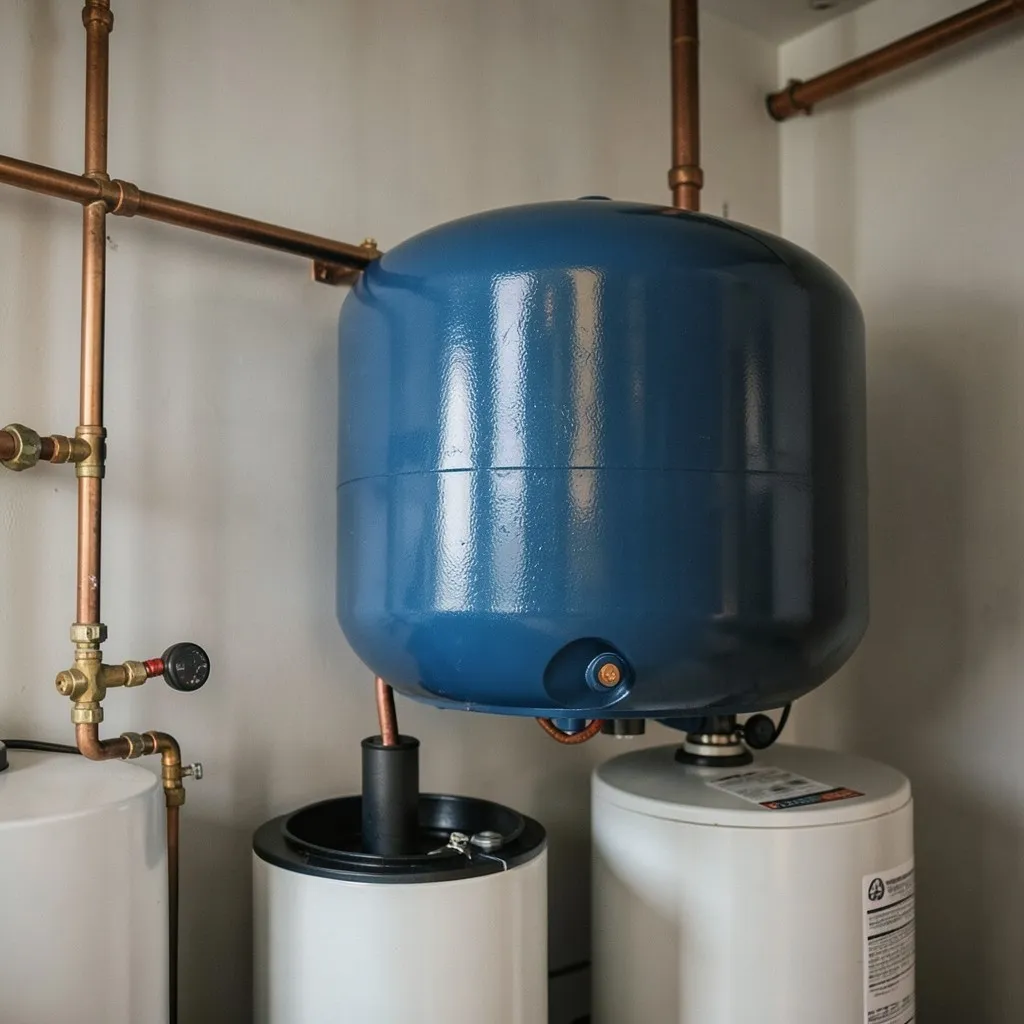 Reference photograph: Expansion Tank (Small bladder tank installed near a water heater that absorbs thermal expansion ).