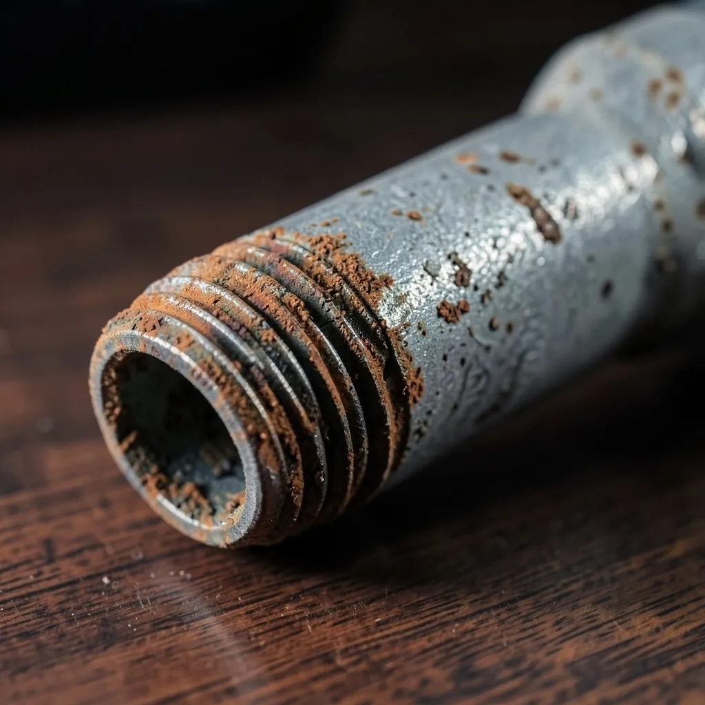 Reference photograph: Galvanized Pipe (Zinc-coated steel water supply pipe used from the 1880s to the 1960s, prone to i).