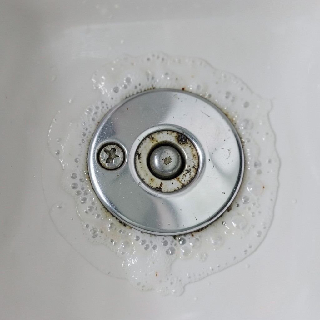 Reference photograph: Overflow Drain (The secondary drain opening near the top of a bathtub or sink basin that prevent).