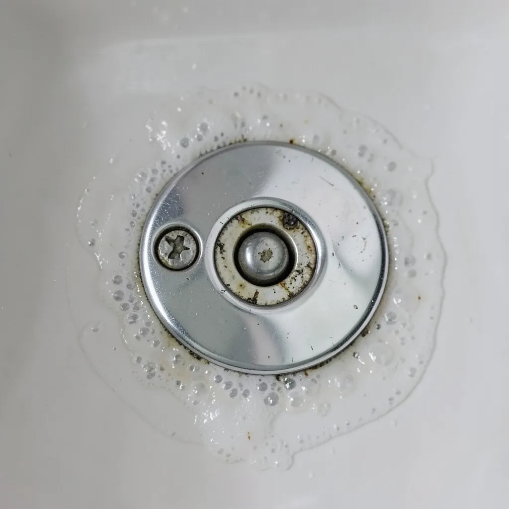 Reference photograph: Overflow Drain (The secondary drain opening near the top of a bathtub or sink basin that prevent).