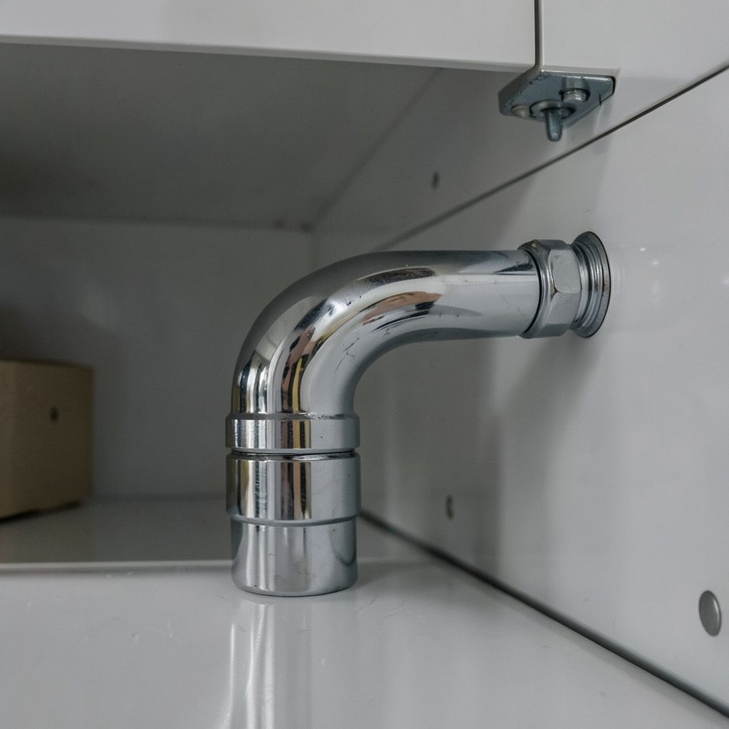 Reference photograph: P-Trap (Curved pipe under sinks, tubs, and showers that holds a pool of water to block s).
