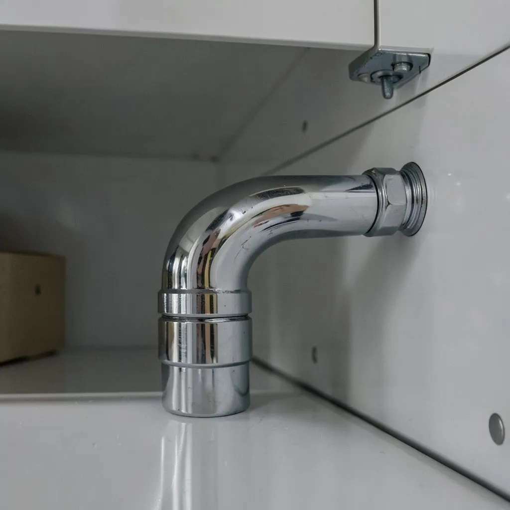 Reference photograph: P-Trap (Curved pipe under sinks, tubs, and showers that holds a pool of water to block s).