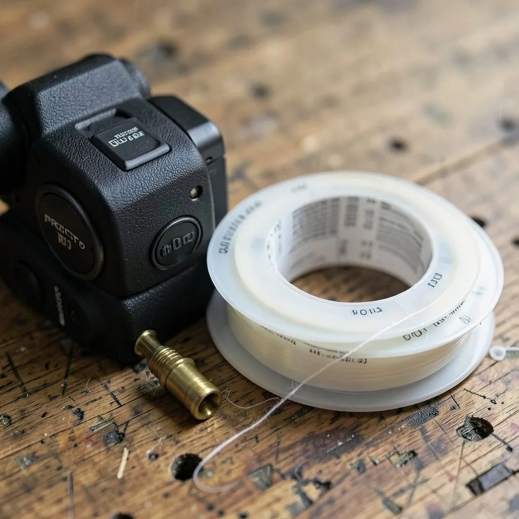 Reference photograph: Plumber's Tape (PTFE Tape) (Thin polytetrafluoroethylene (PTFE) tape wrapped around threaded pipe connection).