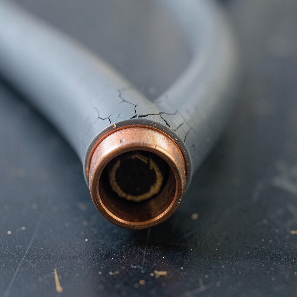 Reference photograph: Polybutylene (PB) (Gray or blue plastic supply pipe used 1978-1995; failure-prone after 10-15 years).