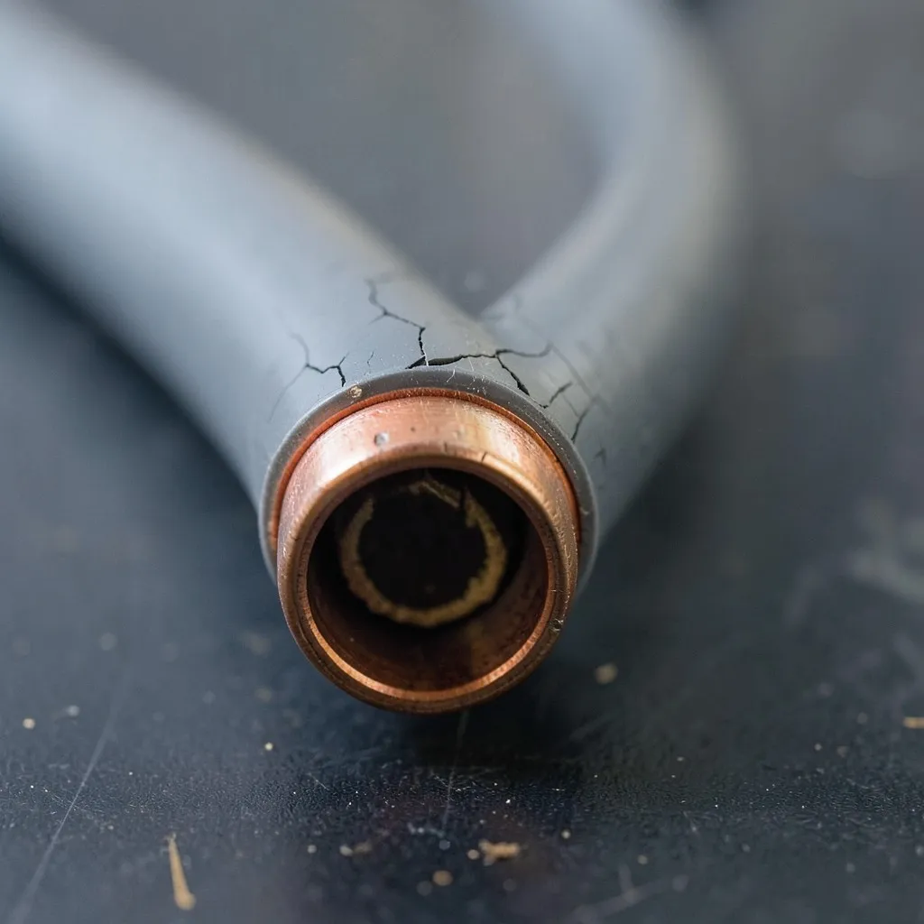 Reference photograph: Polybutylene (PB) (Gray or blue plastic supply pipe used 1978-1995; failure-prone after 10-15 years).