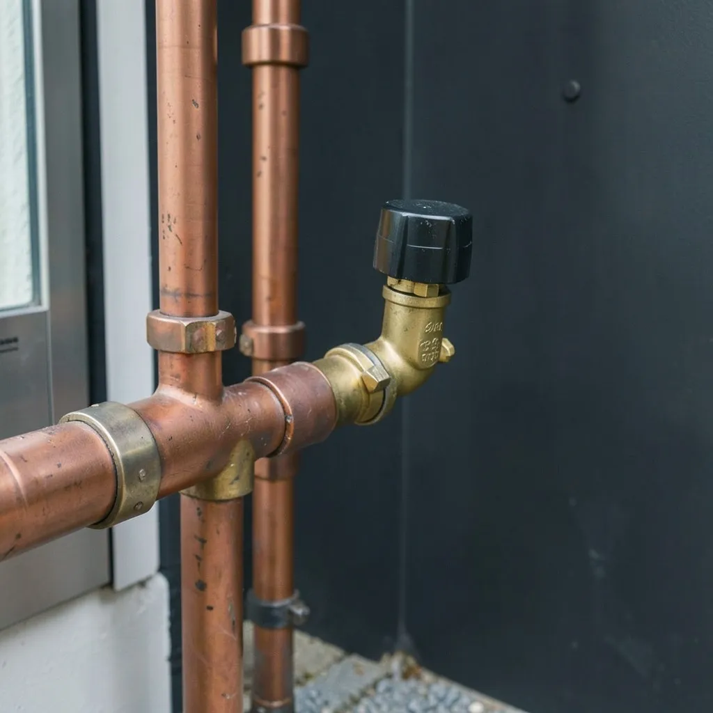 Reference photograph: Pressure Reducing Valve (PRV) (Spring-loaded valve that drops incoming municipal water pressure to a safe and c).
