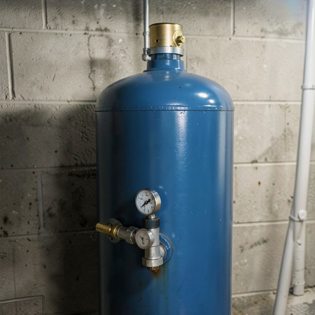 Reference photograph: Pressure Tank (A tank in a well water system that stores pressurized water and maintains consis).