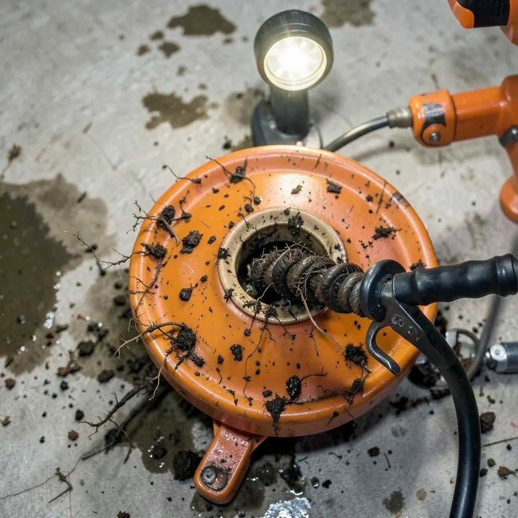 Reference photograph: Rooter (A motorized drain cleaning machine that uses a spinning steel cable with a cutti).