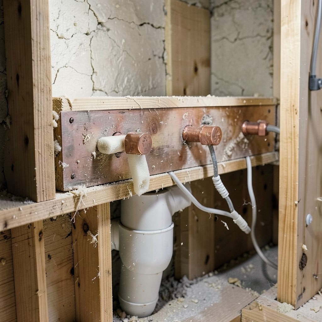 Reference photograph: Rough-In Plumbing (The first phase of plumbing installation where supply lines, drain pipes, and ve).