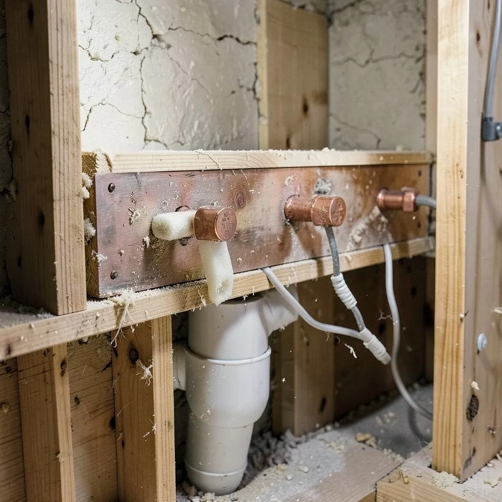 Reference photograph: Rough-In Plumbing (The first phase of plumbing installation where supply lines, drain pipes, and ve).