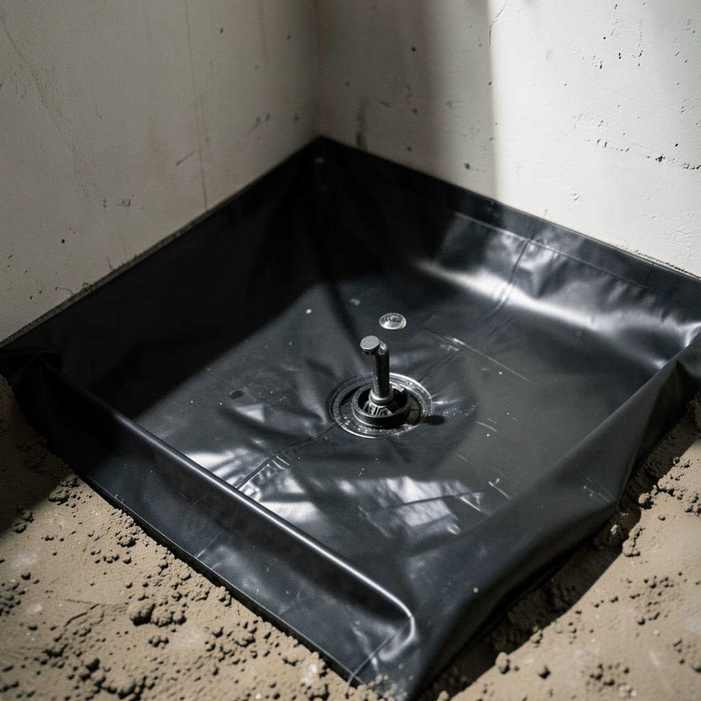 Reference photograph: Shower Pan (The waterproofed floor of a shower that collects water and directs it to the dra).