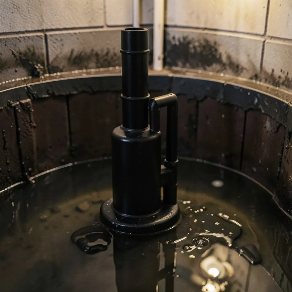 Reference photograph: Sump Pump (Submersible or pedestal pump installed in a basement floor pit that ejects groun).