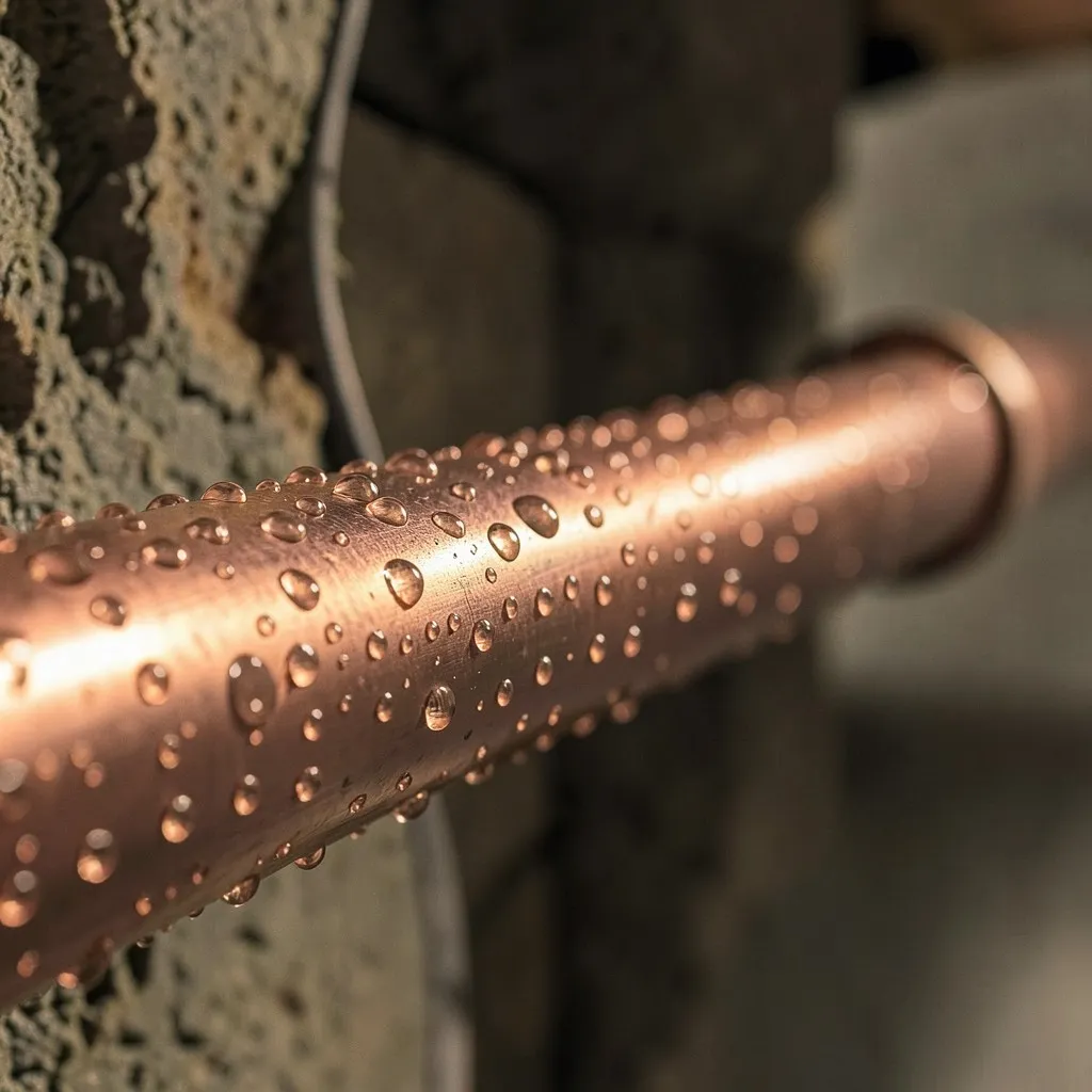 Reference photograph: Sweating Pipes (Condensation on cold-water pipes in humid spaces; looks like a leak but is moist).