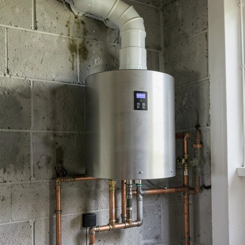 Reference photograph: Tankless Water Heater (An on-demand water heater that heats water directly as it flows through the unit).
