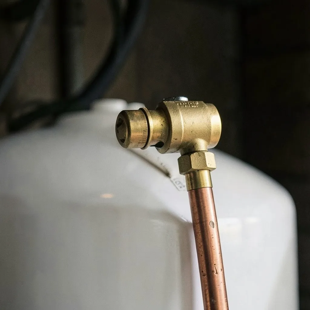 Reference photograph: T&P Valve (Temperature & Pressure Relief) (Code-required safety valve on water heaters that opens if temperature exceeds 21).