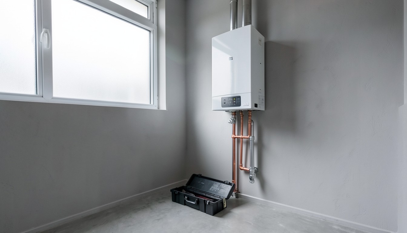 Photograph depicting tankless water heater installation.